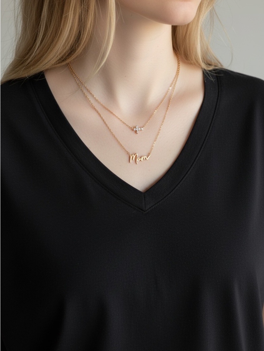 10/21 Gold 'Mom' Layered Necklace with Mini Crystal Pendant